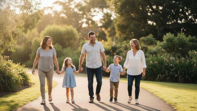 A heartwarming, epic moment captured through capturing unposed family moments photography Ringwood North, showing a family laughing joyfully amidst the lush greenery of Ringwood North, golden hour sun creating a cinematic halo around them, perfectly illustrating genuine connection and love.