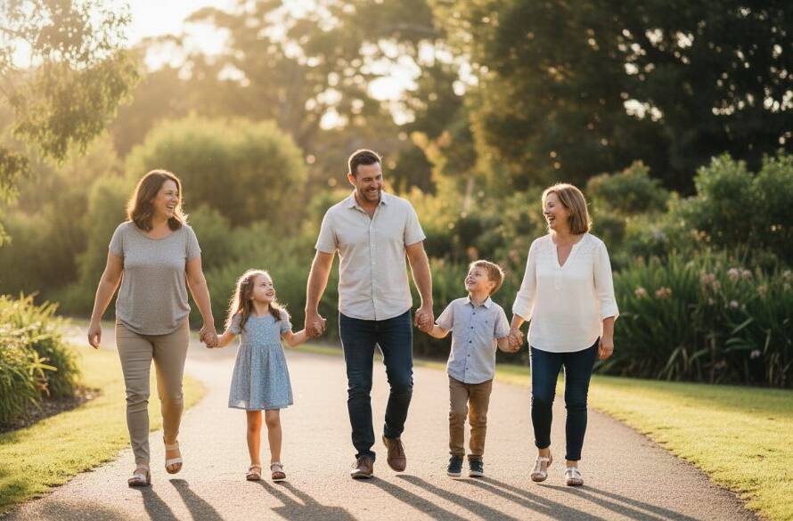A heartwarming, epic moment captured through capturing unposed family moments photography Ringwood North, showing a family laughing joyfully amidst the lush greenery of Ringwood North, golden hour sun creating a cinematic halo around them, perfectly illustrating genuine connection and love.