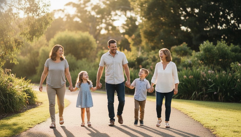 A heartwarming, epic moment captured through capturing unposed family moments photography Ringwood North, showing a family laughing joyfully amidst the lush greenery of Ringwood North, golden hour sun creating a cinematic halo around them, perfectly illustrating genuine connection and love.