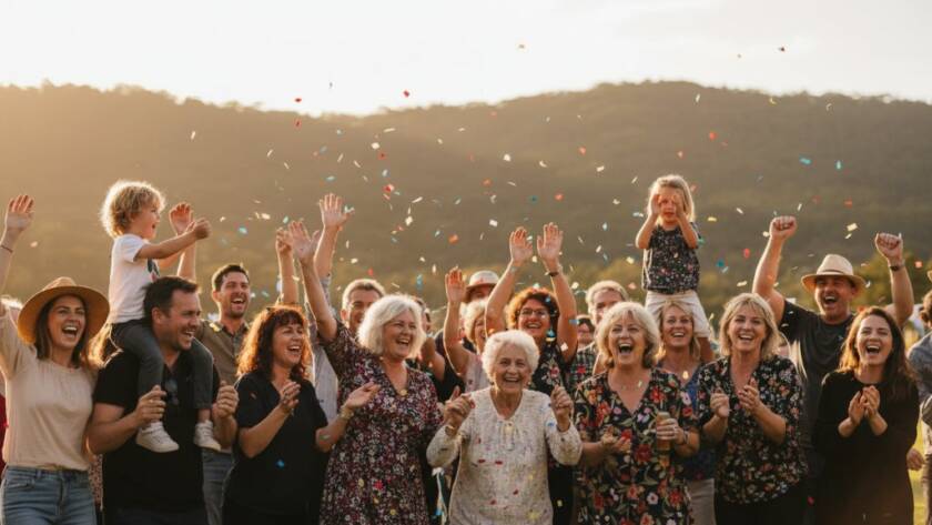 A professional photograph capturing an epic, joyous moment at a community festival in Upper Ferntree Gully, with vibrant colours and candid smiles, perfectly illustrating Capturing Upper Ferntree Gully Event Photography Moments.