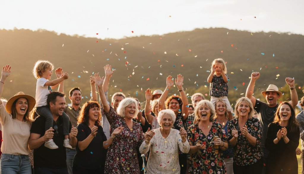 A professional photograph capturing an epic, joyous moment at a community festival in Upper Ferntree Gully, with vibrant colours and candid smiles, perfectly illustrating Capturing Upper Ferntree Gully Event Photography Moments.