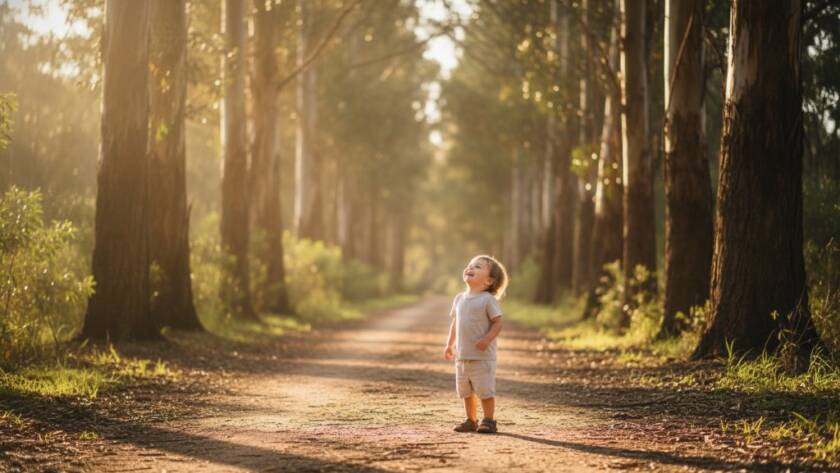 An epic moment of a child laughing joyfully amidst the dappled sunlight and eucalypts in a Vermont park, perfectly illustrating capturing Vermont Victoria fine art moments with rich, cinematic tones.