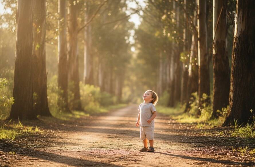 An epic moment of a child laughing joyfully amidst the dappled sunlight and eucalypts in a Vermont park, perfectly illustrating capturing Vermont Victoria fine art moments with rich, cinematic tones.
