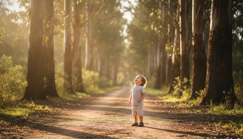 An epic moment of a child laughing joyfully amidst the dappled sunlight and eucalypts in a Vermont park, perfectly illustrating capturing Vermont Victoria fine art moments with rich, cinematic tones.