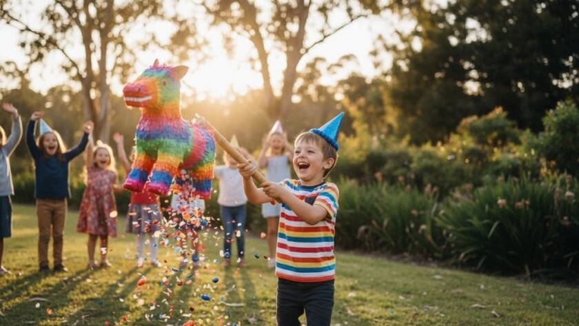 Professional photograph Capturing vibrant birthday parties Warrandyte South, showing a child's excited face illuminated by sparklers on a birthday cake, surrounded by joyous friends in a warmly lit backyard setting, capturing an epic moment of celebration.