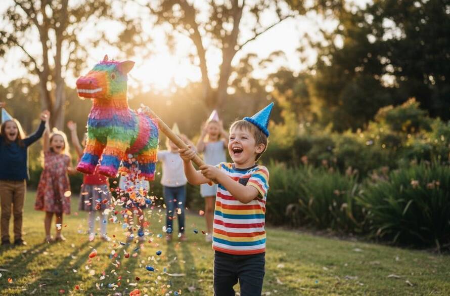 Professional photograph Capturing vibrant birthday parties Warrandyte South, showing a child's excited face illuminated by sparklers on a birthday cake, surrounded by joyous friends in a warmly lit backyard setting, capturing an epic moment of celebration.