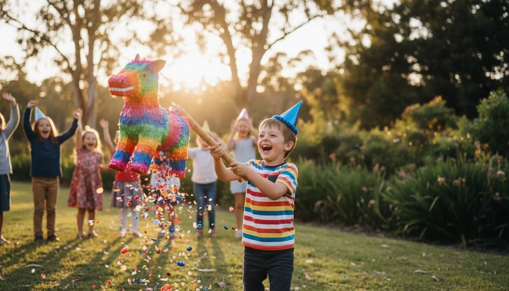 Professional photograph Capturing vibrant birthday parties Warrandyte South, showing a child's excited face illuminated by sparklers on a birthday cake, surrounded by joyous friends in a warmly lit backyard setting, capturing an epic moment of celebration.