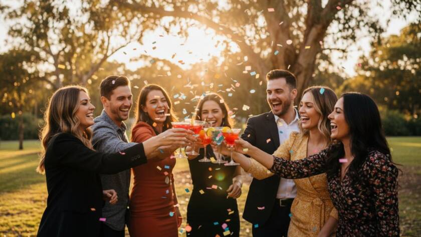 A candid, joyous wide shot capturing vibrant birthday party photography Blackburn South, featuring friends laughing and cheering under colourful streamers at dusk, with the focus on a group raising glasses in celebration, expertly lit and colour-graded.