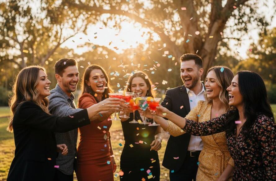 A candid, joyous wide shot capturing vibrant birthday party photography Blackburn South, featuring friends laughing and cheering under colourful streamers at dusk, with the focus on a group raising glasses in celebration, expertly lit and colour-graded.