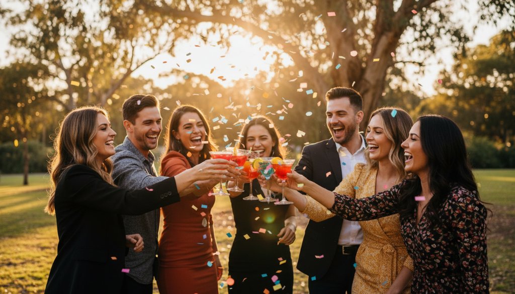 A candid, joyous wide shot capturing vibrant birthday party photography Blackburn South, featuring friends laughing and cheering under colourful streamers at dusk, with the focus on a group raising glasses in celebration, expertly lit and colour-graded.