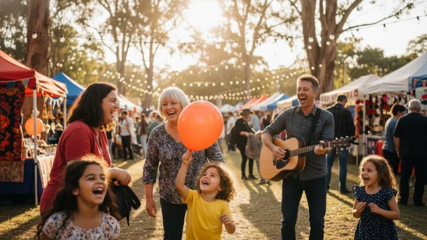 A wide-angle, dynamic shot capturing a joyous, bustling moment at a vibrant Blackburn community event, with diverse people interacting happily under festive lighting, embodying the essence of capturing vibrant Blackburn community events.