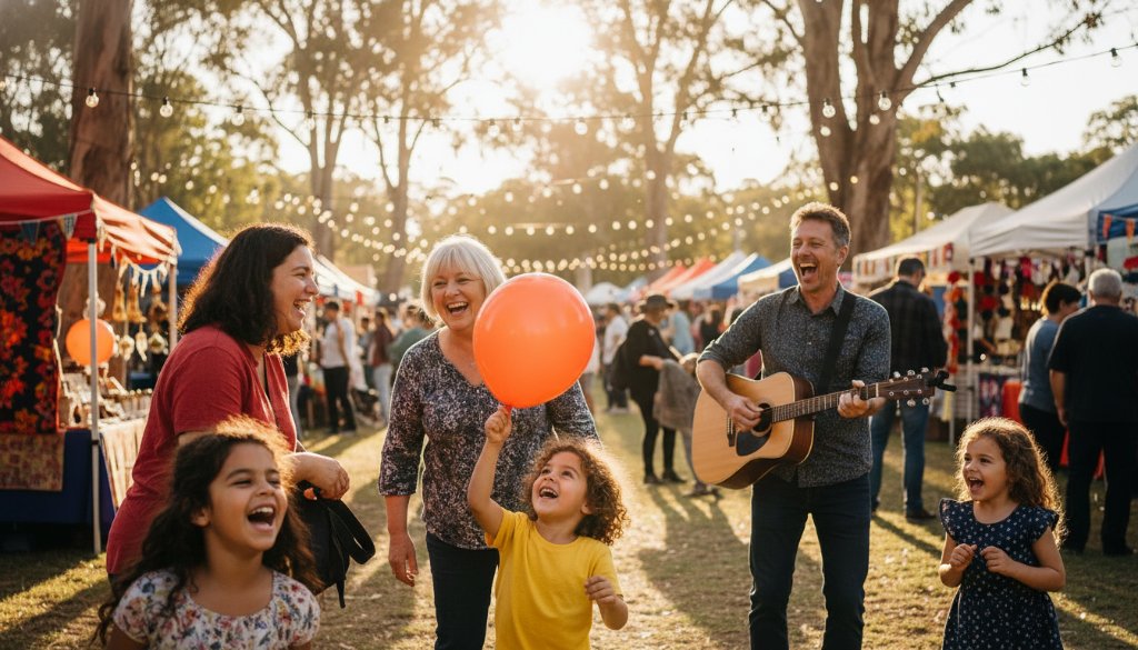A wide-angle, dynamic shot capturing a joyous, bustling moment at a vibrant Blackburn community event, with diverse people interacting happily under festive lighting, embodying the essence of capturing vibrant Blackburn community events.