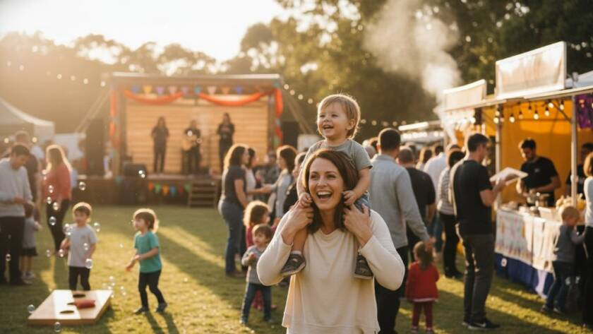 A wide shot capturing vibrant Caulfield community events, featuring a diverse crowd cheering at a local festival, with golden hour light illuminating the joyful faces and colourful decorations, embodying an epic moment of community spirit.