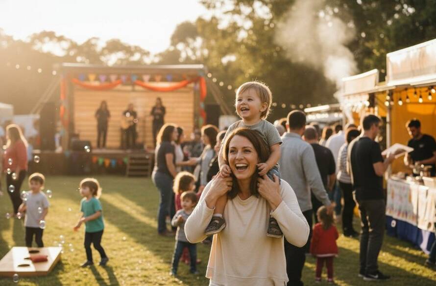 A wide shot capturing vibrant Caulfield community events, featuring a diverse crowd cheering at a local festival, with golden hour light illuminating the joyful faces and colourful decorations, embodying an epic moment of community spirit.