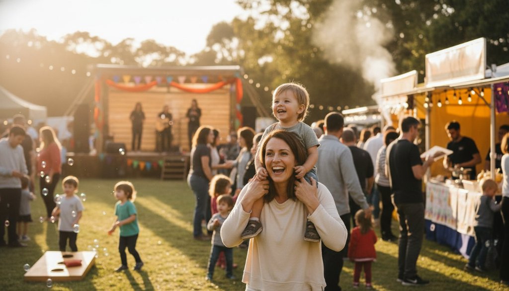 A wide shot capturing vibrant Caulfield community events, featuring a diverse crowd cheering at a local festival, with golden hour light illuminating the joyful faces and colourful decorations, embodying an epic moment of community spirit.