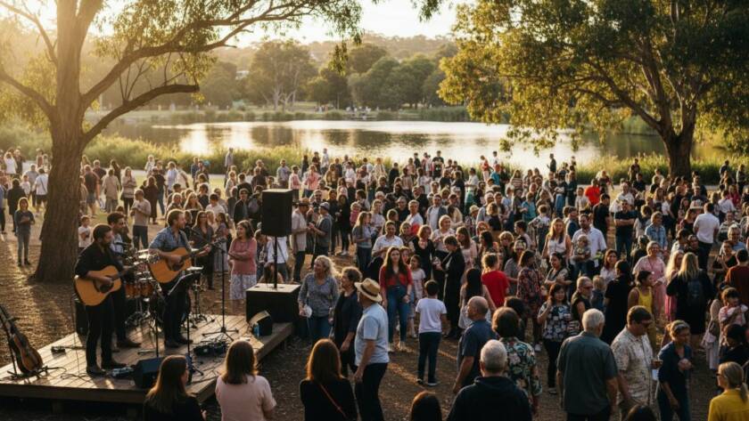 An epic wide-angle shot of a lively community festival at Ringwood Lake Park, with families laughing, children playing, and live music, demonstrating professional candid event photography in Ringwood. Dramatic golden hour lighting, vibrant colours, and sharp focus on candid interactions.