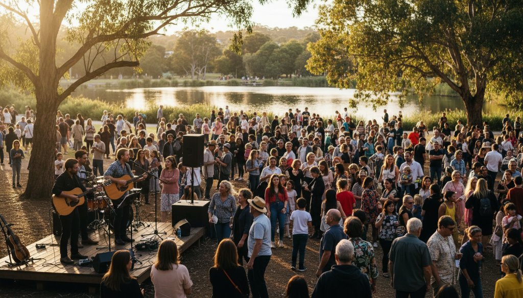 An epic wide-angle shot of a lively community festival at Ringwood Lake Park, with families laughing, children playing, and live music, demonstrating professional candid event photography in Ringwood. Dramatic golden hour lighting, vibrant colours, and sharp focus on candid interactions.