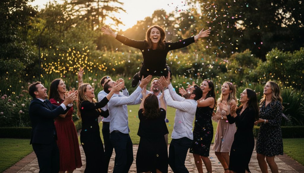 An epic, joy-filled shot capturing vibrant Glen Iris party photography, showing guests laughing and dancing under twinkling lights in a beautifully decorated backyard venue, with professional lighting.