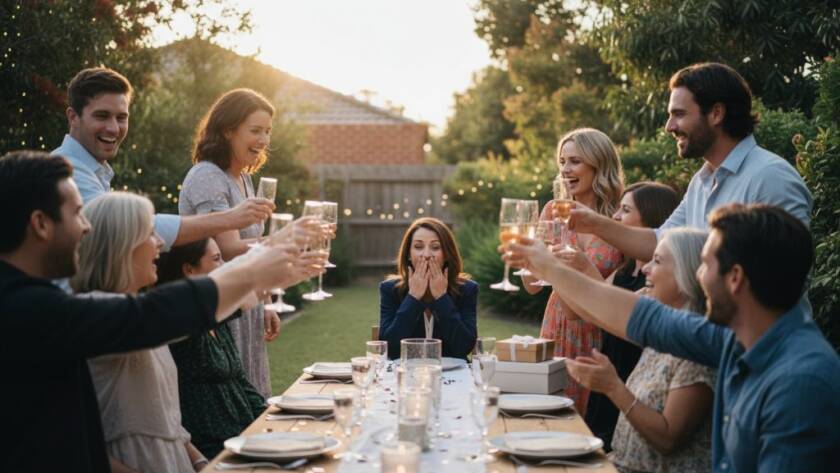 Dynamic wide shot of guests cheering and laughing at a lively outdoor party in Knoxfield, Victoria, with colourful decorations and golden hour light, perfectly capturing vibrant Knoxfield party memories with professional, cinematic flair.