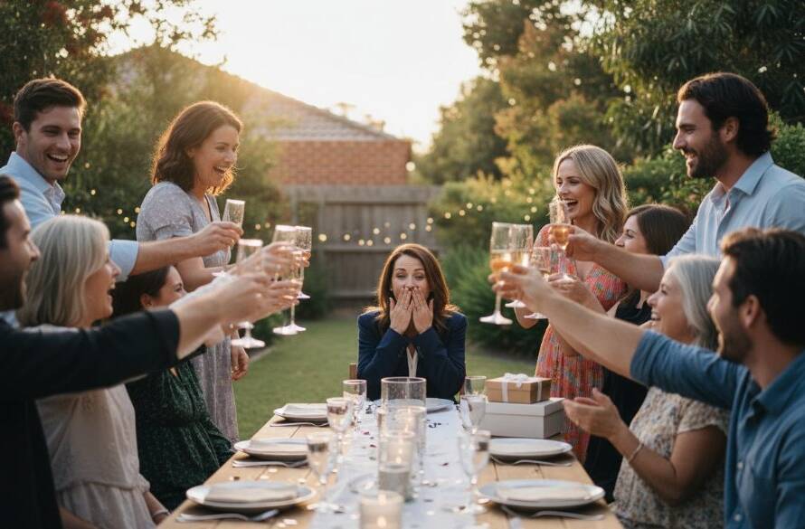Dynamic wide shot of guests cheering and laughing at a lively outdoor party in Knoxfield, Victoria, with colourful decorations and golden hour light, perfectly capturing vibrant Knoxfield party memories with professional, cinematic flair.
