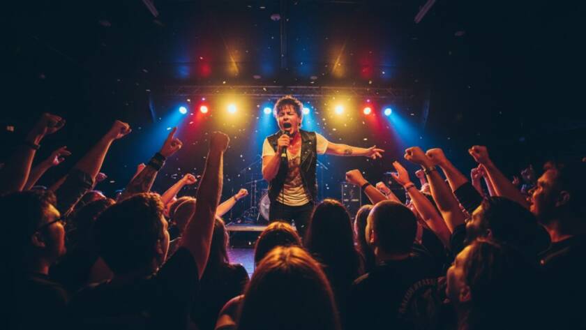 A wide-angle, low-angle shot expertly Capturing vibrant live music moments Croydon North Victoria, featuring a lead guitarist mid-shred under dramatic stage lights, bathed in blues and purples, with a passionate, cheering crowd in soft focus behind them, conveying intense energy and emotion.
