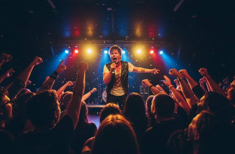 A wide-angle, low-angle shot expertly Capturing vibrant live music moments Croydon North Victoria, featuring a lead guitarist mid-shred under dramatic stage lights, bathed in blues and purples, with a passionate, cheering crowd in soft focus behind them, conveying intense energy and emotion.