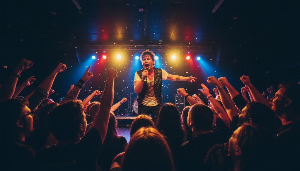 A wide-angle, low-angle shot expertly Capturing vibrant live music moments Croydon North Victoria, featuring a lead guitarist mid-shred under dramatic stage lights, bathed in blues and purples, with a passionate, cheering crowd in soft focus behind them, conveying intense energy and emotion.