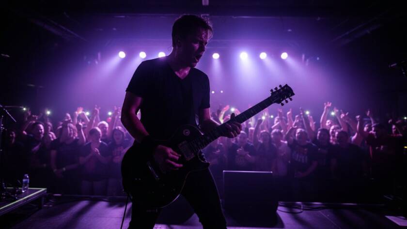 An energetic lead singer bathed in dramatic purple and blue stage lights, guitar in hand, mid-performance, perfectly capturing vibrant live music Ringwood North with an epic crowd reaction blurred in the foreground, showcasing a professional concert photography moment.