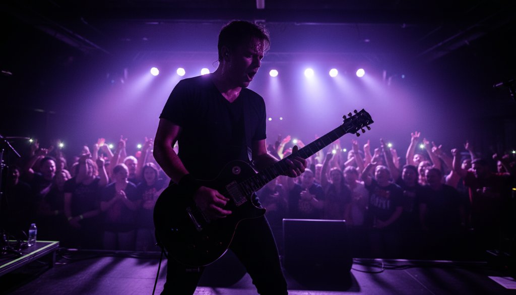 An energetic lead singer bathed in dramatic purple and blue stage lights, guitar in hand, mid-performance, perfectly capturing vibrant live music Ringwood North with an epic crowd reaction blurred in the foreground, showcasing a professional concert photography moment.