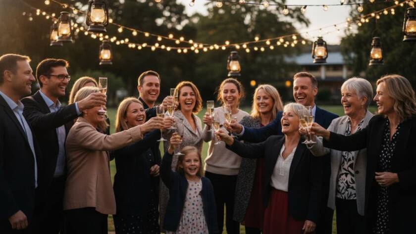 A wide-angle, candid shot capturing vibrant Lyndhurst party moments, showing guests laughing and dancing under string lights at an outdoor evening celebration in Lyndhurst, Victoria, with a professional, cinematic colour grade and dramatic backlighting highlighting the joyous atmosphere.