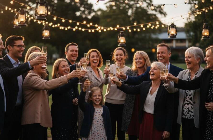 A wide-angle, candid shot capturing vibrant Lyndhurst party moments, showing guests laughing and dancing under string lights at an outdoor evening celebration in Lyndhurst, Victoria, with a professional, cinematic colour grade and dramatic backlighting highlighting the joyous atmosphere.