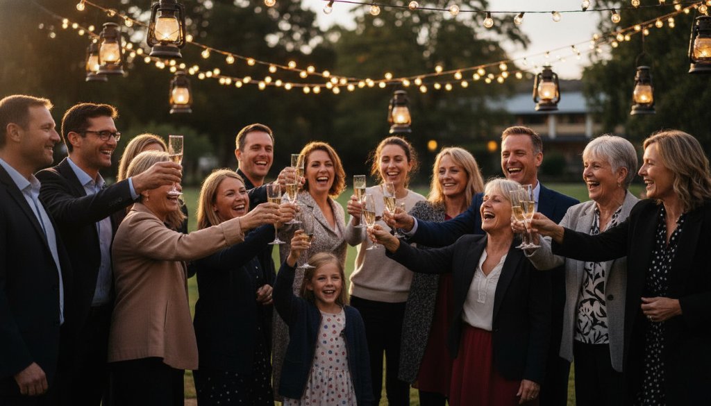 A wide-angle, candid shot capturing vibrant Lyndhurst party moments, showing guests laughing and dancing under string lights at an outdoor evening celebration in Lyndhurst, Victoria, with a professional, cinematic colour grade and dramatic backlighting highlighting the joyous atmosphere.
