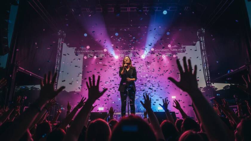 Dynamic wide-angle shot capturing vibrant Lysterfield concert photography, featuring a lead singer bathed in dramatic purple stage lights, confetti falling, and an ecstatic crowd in blurred motion, conveying an epic moment of pure energy and joy.