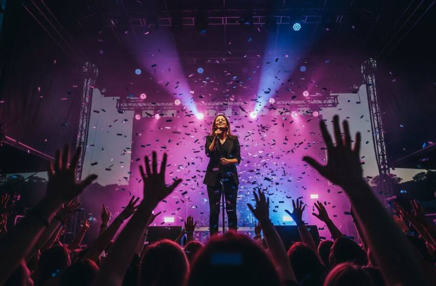 Dynamic wide-angle shot capturing vibrant Lysterfield concert photography, featuring a lead singer bathed in dramatic purple stage lights, confetti falling, and an ecstatic crowd in blurred motion, conveying an epic moment of pure energy and joy.