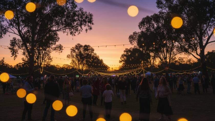 A wide shot capturing an epic moment of joyous celebration during a twilight community festival, featuring a diverse crowd under fairy lights in Kings Park, Victoria, perfectly embodying Capturing Vibrant Moments Kings Park Victoria Event Photography.