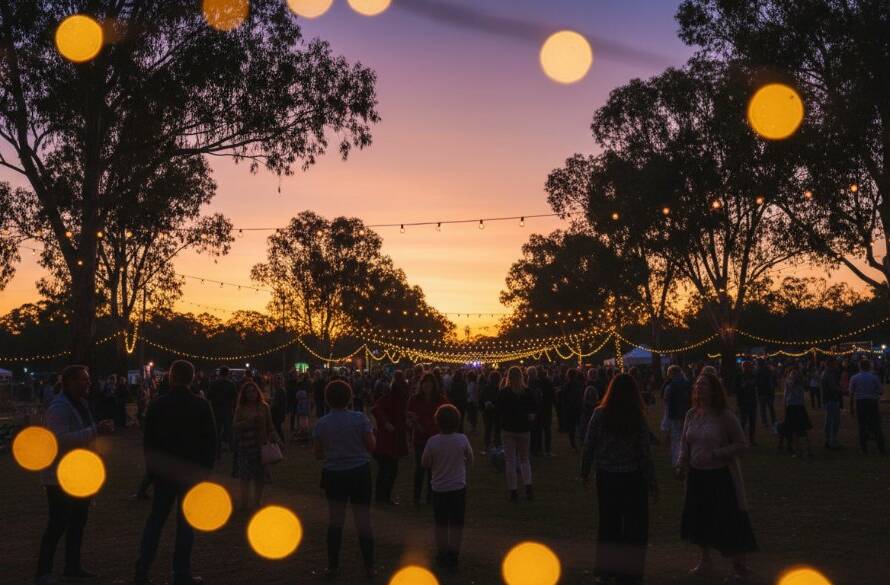 A wide shot capturing an epic moment of joyous celebration during a twilight community festival, featuring a diverse crowd under fairy lights in Kings Park, Victoria, perfectly embodying Capturing Vibrant Moments Kings Park Victoria Event Photography.