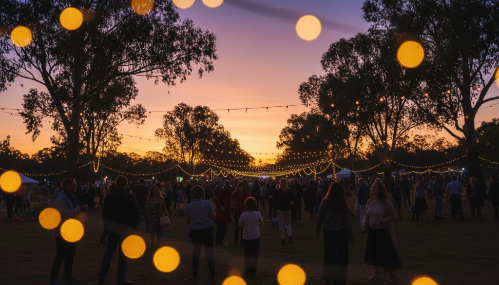 A wide shot capturing an epic moment of joyous celebration during a twilight community festival, featuring a diverse crowd under fairy lights in Kings Park, Victoria, perfectly embodying Capturing Vibrant Moments Kings Park Victoria Event Photography.