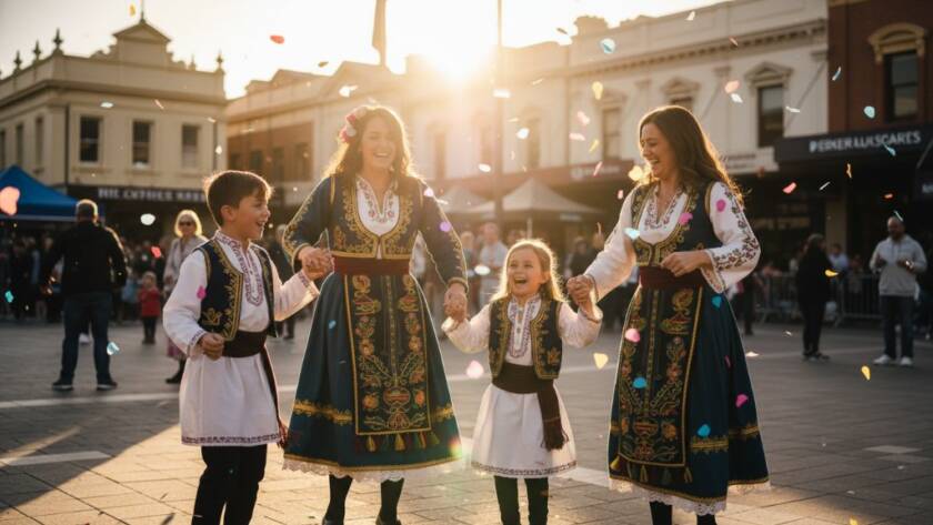 A dynamic, high-energy photograph capturing a vibrant Oakleigh event photography moment during a cultural festival, showcasing joyful participants in traditional attire with colourful streamers and confetti in mid-air, bathed in warm, dramatic golden hour light, reflecting the excitement and spirit of the celebration.