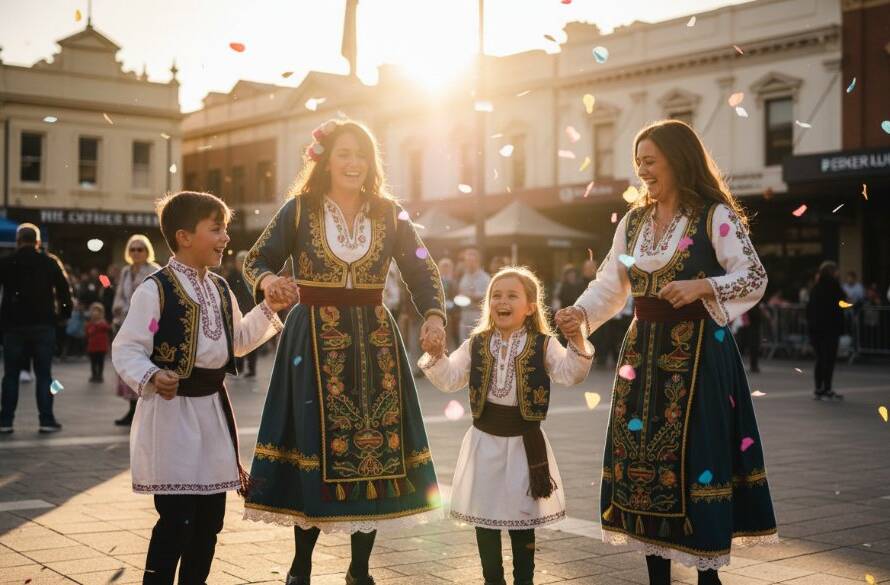A dynamic, high-energy photograph capturing a vibrant Oakleigh event photography moment during a cultural festival, showcasing joyful participants in traditional attire with colourful streamers and confetti in mid-air, bathed in warm, dramatic golden hour light, reflecting the excitement and spirit of the celebration.