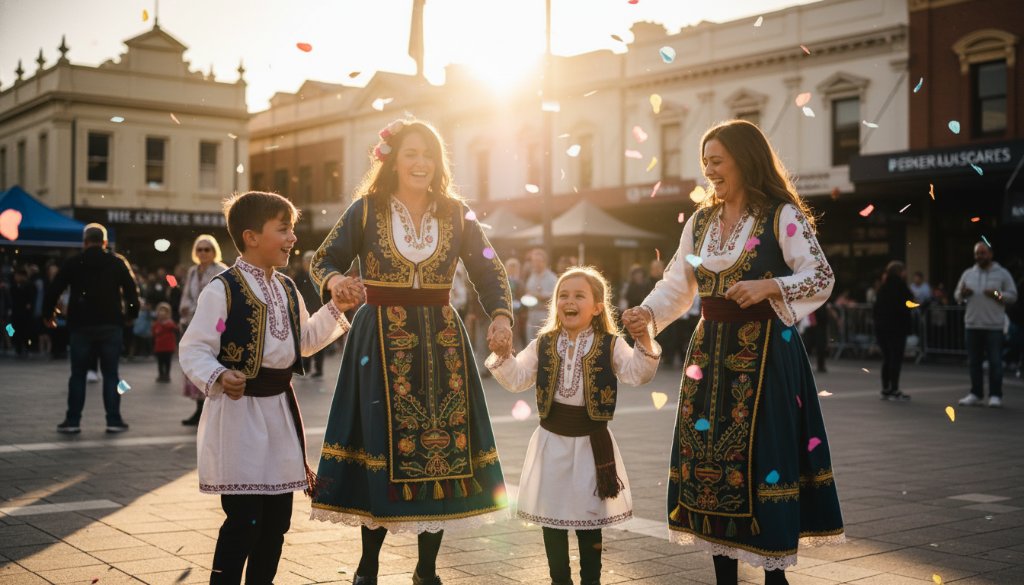 A dynamic, high-energy photograph capturing a vibrant Oakleigh event photography moment during a cultural festival, showcasing joyful participants in traditional attire with colourful streamers and confetti in mid-air, bathed in warm, dramatic golden hour light, reflecting the excitement and spirit of the celebration.