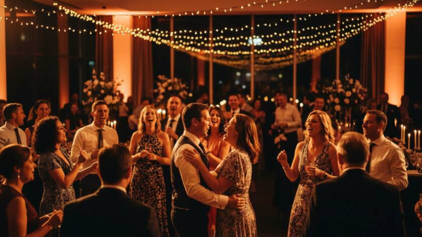 A stunning wide-angle shot capturing vibrant party moments Doncaster East Victoria, with guests laughing and dancing under twinkling lights in a beautifully decorated function room, dramatic warm lighting highlighting the joy and energy of the celebration.