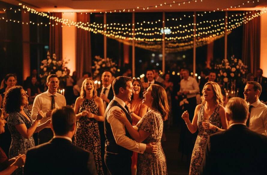 A stunning wide-angle shot capturing vibrant party moments Doncaster East Victoria, with guests laughing and dancing under twinkling lights in a beautifully decorated function room, dramatic warm lighting highlighting the joy and energy of the celebration.
