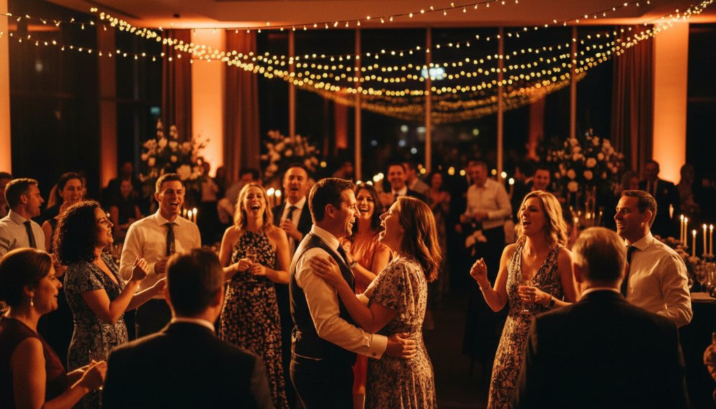 A stunning wide-angle shot capturing vibrant party moments Doncaster East Victoria, with guests laughing and dancing under twinkling lights in a beautifully decorated function room, dramatic warm lighting highlighting the joy and energy of the celebration.