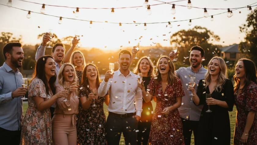 A candid, high-energy wide shot of guests dancing under colourful string lights at a twilight outdoor party in Melton South, celebrating with joyful expressions, professionally lit to highlight genuine laughter, perfectly illustrating capturing vibrant party moments Melton South.