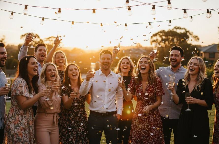 A candid, high-energy wide shot of guests dancing under colourful string lights at a twilight outdoor party in Melton South, celebrating with joyful expressions, professionally lit to highlight genuine laughter, perfectly illustrating capturing vibrant party moments Melton South.