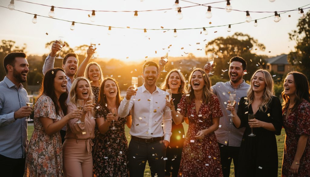 A candid, high-energy wide shot of guests dancing under colourful string lights at a twilight outdoor party in Melton South, celebrating with joyful expressions, professionally lit to highlight genuine laughter, perfectly illustrating capturing vibrant party moments Melton South.