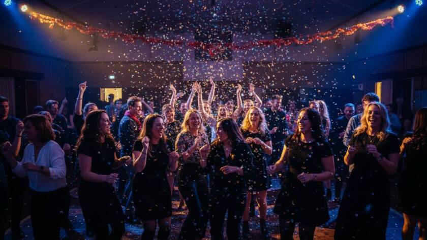 Guests cheering wildly on a dance floor, bathed in dynamic colourful lights at a community hall in Clayton South, perfectly illustrating capturing vibrant party photography Clayton South, with confetti mid-air and genuine joy on faces.