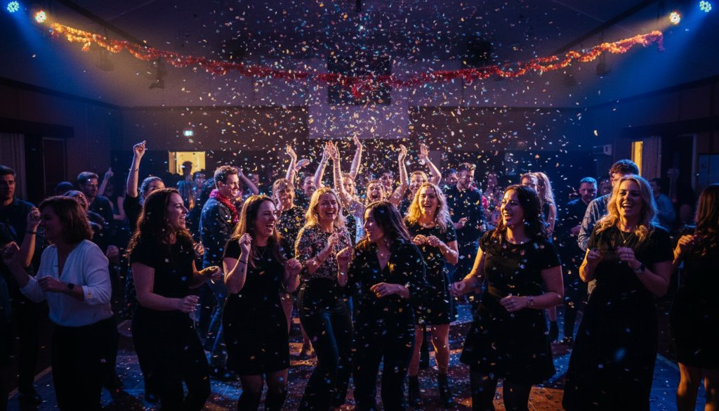 Guests cheering wildly on a dance floor, bathed in dynamic colourful lights at a community hall in Clayton South, perfectly illustrating capturing vibrant party photography Clayton South, with confetti mid-air and genuine joy on faces.