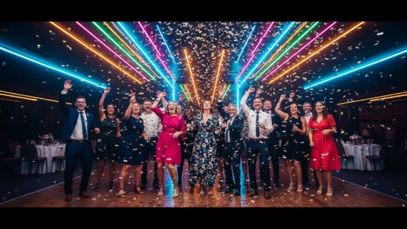 Dynamic wide shot of guests cheering and dancing under colourful disco lights at a Maidstone party, expertly capturing vibrant party photography Maidstone, with confetti in the air and joyful expressions, professional photography.