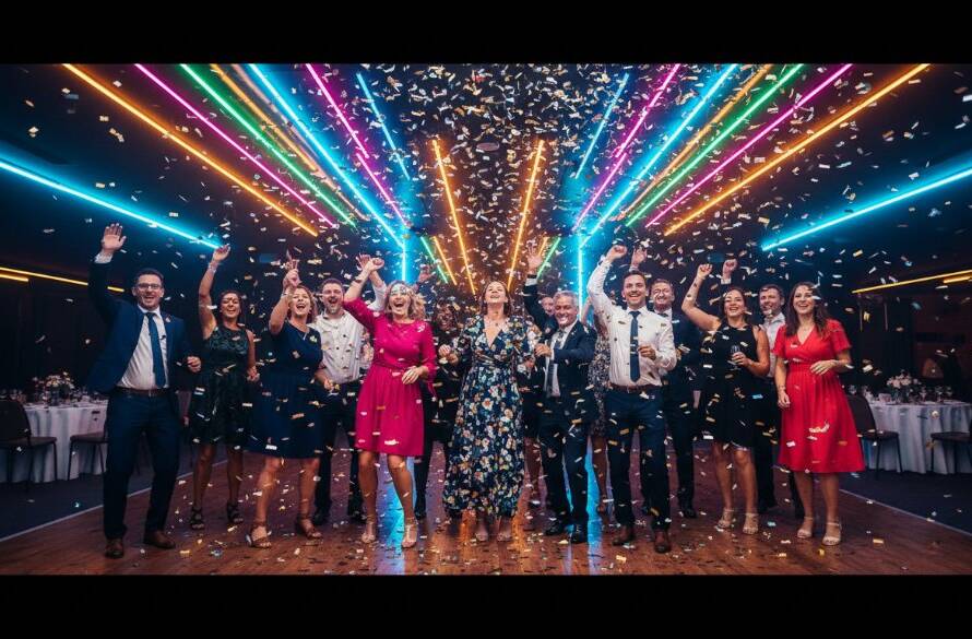 Dynamic wide shot of guests cheering and dancing under colourful disco lights at a Maidstone party, expertly capturing vibrant party photography Maidstone, with confetti in the air and joyful expressions, professional photography.